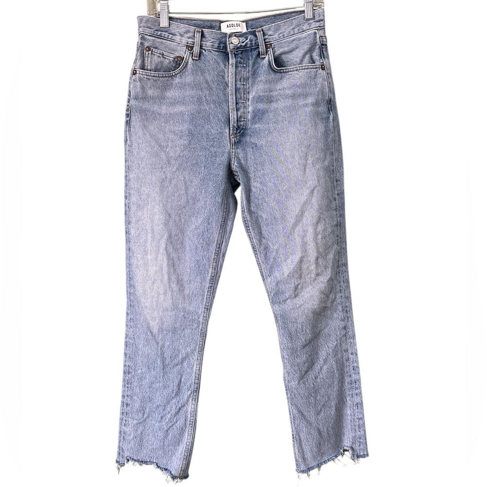 Agolde Riley High Rise Denim Distressed Raw Hem Jeans Button Fly Sz 28